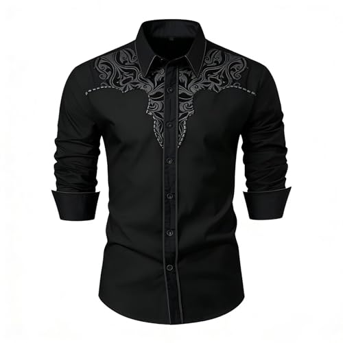 Camisas Estilo Vaquero para Hombre Bordadas de Manga Larga Ajustadas Informales con Botones y Bolsillos Ideales para Amantes del Estilo Western y la música Country