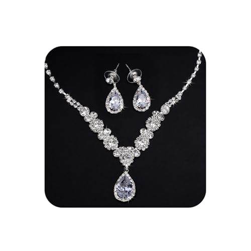 COCIDE Bride Jewelry Set Silver Crystal Wedding Necklace Earrings Bridal Rhinestone Teardrop Pendant Accessories for Women and Bridesmaids (3 piece set - 2 earrings and 1 necklace)