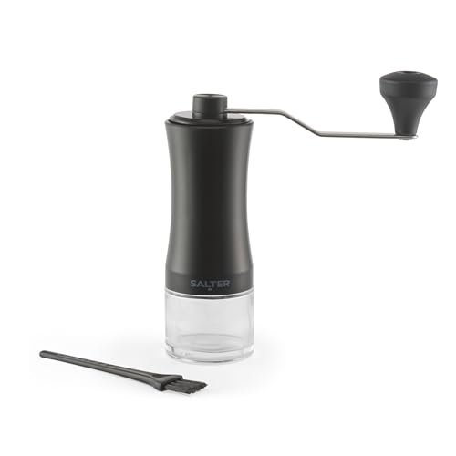 Salter Molinillo de café manual, incluye cepillo de limpieza, 25 g de grano y 30 g de capacidad de polvo, fácil de limpiar, diseño compacto y portátil, rebaba de molienda de cerámica, para prensa