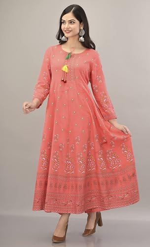 Image of Aj Art Anarkali Kurti for Women and Girls Floral Golden Print Regular Slim Fit Rayon Blue (Set of 1)