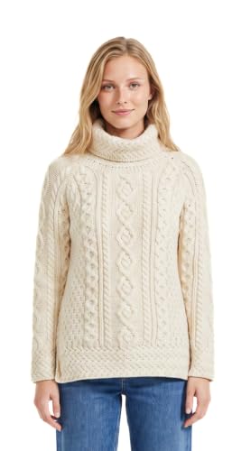 Image of Carraig Donn - Ladies - 100% Soft Merino Wool - Cable Knit Sweeter Vented Roll Neck Irish Jumper