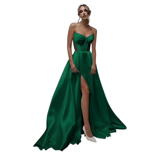 Strapless Satin Prom Dresses with Slit Long A Line Formal Evening Party Gowns with Pockets