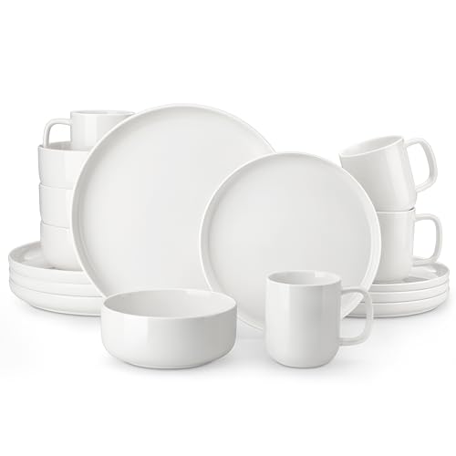 MALACASA Vajillas Completas para 4 Personas, Juego de Vajillas de Porcelana 12 Piezas con 4 Platos Llanos, 4 Platos de Postre y 4 Cuencos de Cereales, Apto para Lavavajillas, Blanco, Serie LUNA
