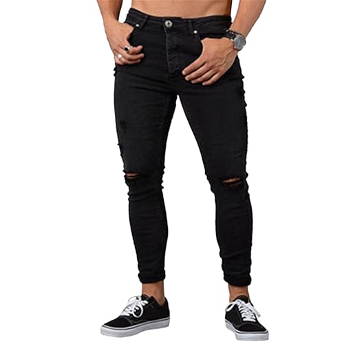 Ripped Distressed Skinny Jeans Men Stretch Slim Fit Denim Fashion Tapered Leg Summer Casual Pants Trendy Streetwear