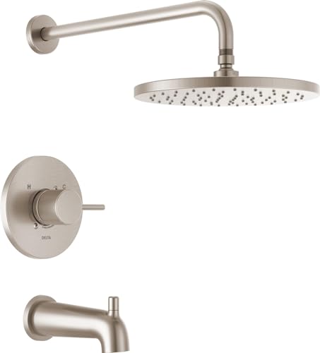 Image of Delta Faucet Modern Raincan Round Single-Function Tub and Shower Trim Kit Brushed Nickel, Tub Faucet Set, Rainfall Shower Head, Spotshield Stainless T14469-SP-PP (Valve Not Included)