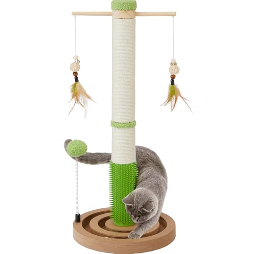 Cat Scratching Post, 26 Inch Tall Scratching Posts for Indoor Cats Adults and Kittens, Small Cat Scratch Post with Rotatable Hanging Toys, Rubber Brush and Double-Layer Interactive Wooden Ball Track