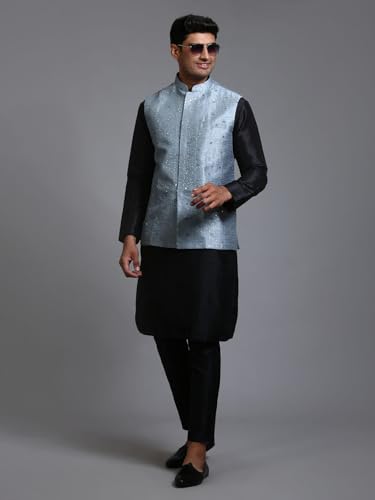 Image of VM Men's Grey-HG and Black Silk Blend Jacket, Kurta and Pyjama Set VMMJ217GYnKBL001nPANT005BL 42