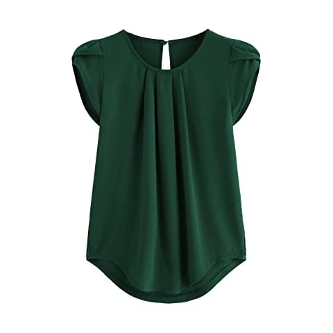 Milumia Women's Casual Round Neck Basic Pleated Top Cap Sleeve Curved Keyhole Back Blouse, Green, Medium Cover