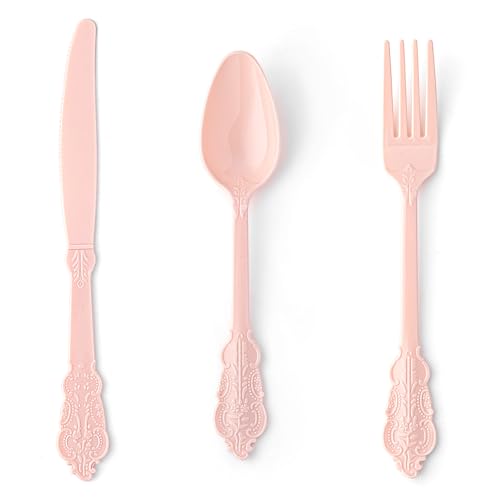 Ciselure 150PCS Heavy Duty Pink Plastic Silverware Pink Plastic Cutlery Set Disposable Flatware Includes 50 Forks 50 Spoons 50 Knives for Party Wedding Baby Shower Easter and Mothers Day