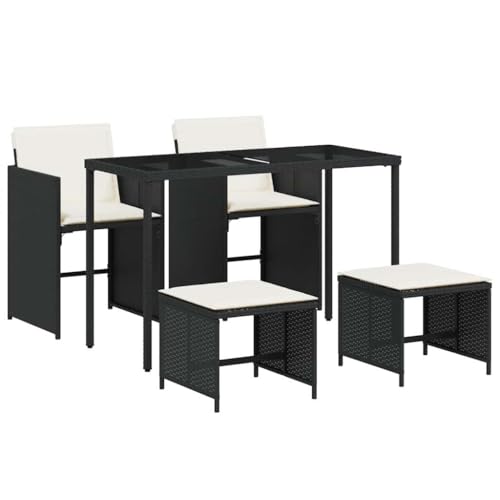 QJBSAVVA Salon de jardin 5 pièces avec coussins, meubles de jardin en polyrotin avec table en verre, 2 chaises de jardin et 2 tabourets, design cube pour...