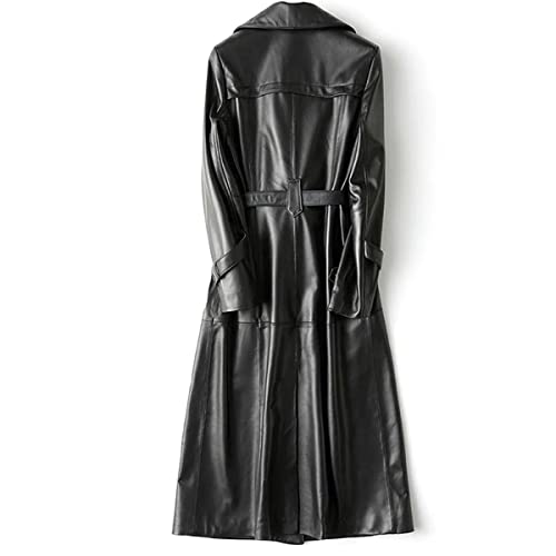 Women's Fine Grain Leather Trench Coat - Ladies Black Lambskin Long Leather Over Coat with Belt2