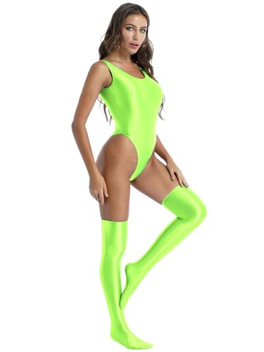 Choomomo Justaucorps de Danse Pole Jazz Moderne Femme Body sans Manches & Paire de Stockings Extensible Siamois Costume Performance Clubwear Fluo Vert Taille Unique