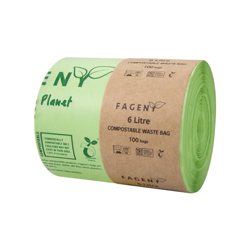 Fageny Flat Top Food Waste Bags 100% Compostable Biodegradable Bin Liners, Eco Friendly Compostable Caddy Liners Certified by BPI and OK Compost Meeting EN13432 Standards, 6L 100 Counts/Roll