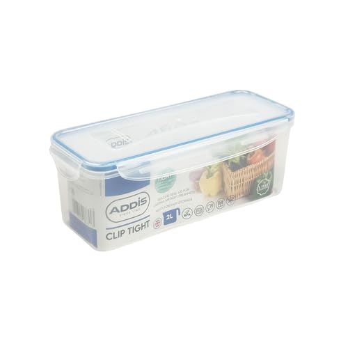 Addis Clip Tight Food Storage Container 2 Litre Narrow Rectangle Airtight Silicone Seal Containers Bpa Free Easy Locking Lid Clips, Clear Transparent