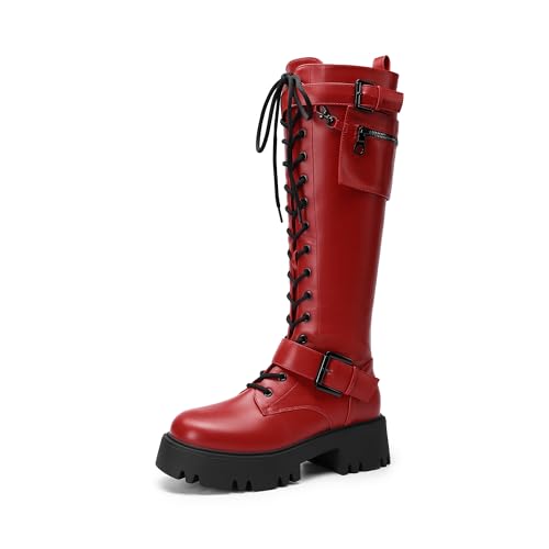 DREAM PAIRS Women's Combat Riding Platform Knee High Boots, Lace Up Fall Lug Sole Gothic Motorcycle Boots with Inside Zipper 8 Red