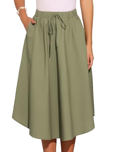 Allegra K Cotton Linen Casual Skirt for Women's High Elastic Waist A-Line Midi Skirts with Pockets