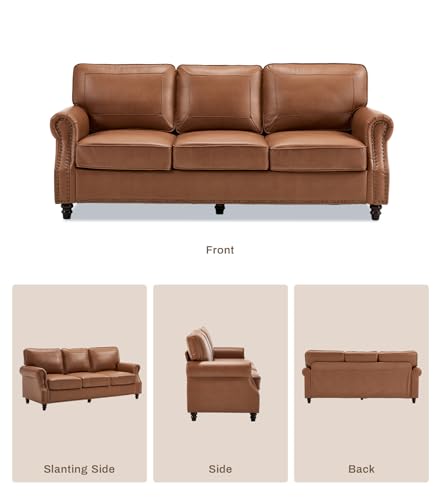 Image of Kingfun 3 Seater Sofa, Mid-Century Modern Faux Leather Couch Set for Living Room, Brown with Rolled Arms & Nailhead Trim, Easy Assembly
