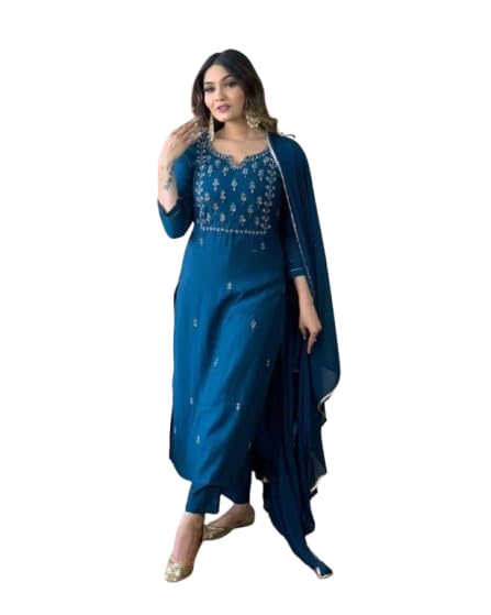 Image of Rainbow Creations Woman's Cotton Blend Kurta Palazzo and Dupatta Set