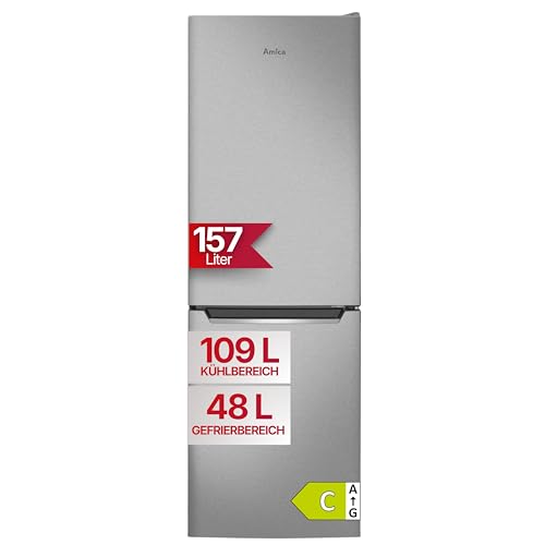 Amica Frigorífico congelador independiente, 157 l, descongelación automática, supercooler, iluminación LED de 144 x 47,4 x 49,5 cm, frigorífico independiente, aspecto de acero inoxidable