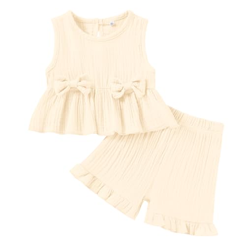 Image of Kionio Toddler Baby Girl Clothes Cute Outfits Girls Linen Bow Tank Tops Ruffle Shorts Set Spring Summer Clothes for Kids