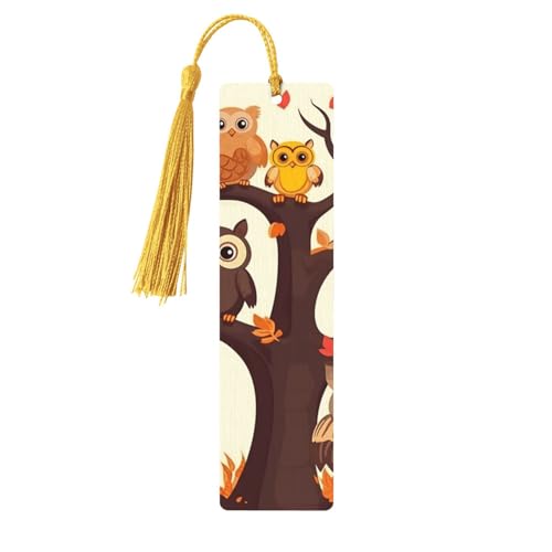 タッセル付き木製しおり ヴィンテージ木製ブックマーク 漫画の家族 フクロウ ブラウンツリーのファンシーなハンドメイドクラフトブックマーク 読書ページマーカー 木製ハンギングタグオーナメント 本好き向け