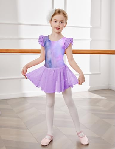 Image of Arshiner Girls Shiny Ruffle Sleeve Ballet Leotard with Skirt Criss-Cross Back Dance Dresses