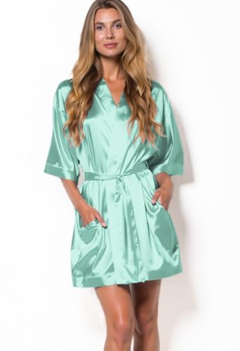Image of Turquaz Women's Silky Satin Kimono Robes for Bridesmaids, Bride, Short Loungewear, Lingerie Dressing Gown Silk Like VS Robe