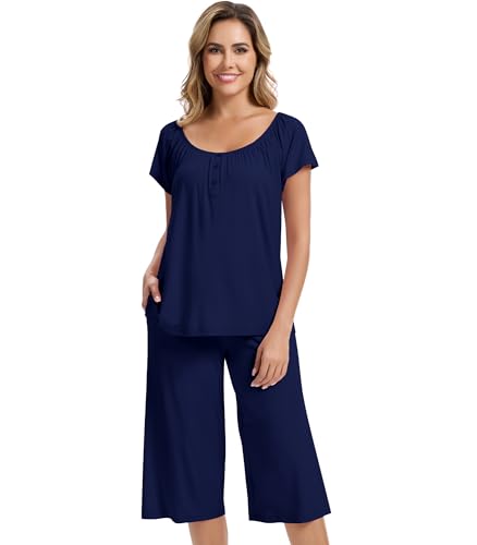 Image of NACHILA Bamboo Viscose Pajamas for Women Cooling Capri Pjs Short Sleeve Set