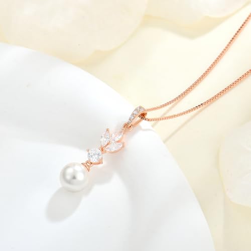 Women 925 Sterling Silver 8MM Pearl Pendant Necklace Leaf with 5A Cubic Zirconia for Her Mom Mother Wife Daughter Grandma Jewelry Gifts3