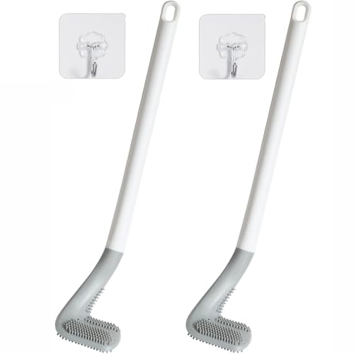 Image of Golf Toilet Brush with Self-Adhesive Wall Hook Holder Set, Flexible Silicone Toilet Bowl Cleaning Brush Bathroom Long Handled Toilet Cleaner Brush, Western & Indian Toilets (Pack of 2)