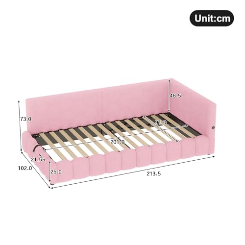 HYUB Polsterbett 90x200 cm, Tagesbett Einzelbett mit Rückenlehne und Bettkasten, Hydraulisches Bett mit Beleuchtung und Lattenrost, für Schlafzimmer und Gästezimmer, Vliesimitat, Rosa – Bild 3