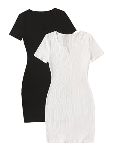 SOLY HUX Girl's 2 Piece T Shirt Bodycon Mini Dress Notched V Neck Short Sleeve Ribbed Knit Summer Dresses