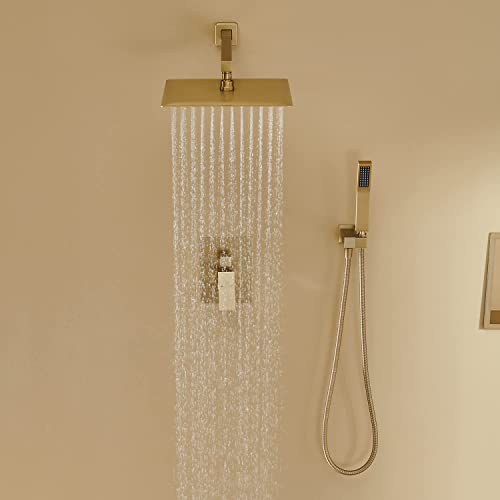Image of Rain Shower System 12 Inches Shower Combo Set Brushed Gold Wall Mount Faucet Bathroom Faucets with Rainfall Shower Head and Hand Shower