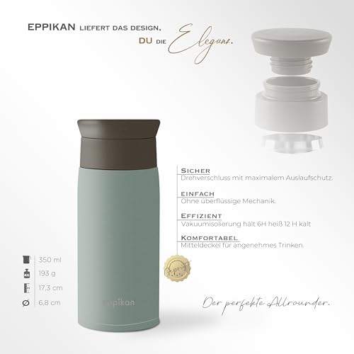 Foto von eppikan eppiToGo Edelstahl Thermobecher- Isolierbecher, Kaffee-to-go Becher, 350 ml, 500 ml Travel Mug, Autobecher, auslaufsicher mit hygienischer 360°-Trinköffnung (Powder Green, 350 ml)