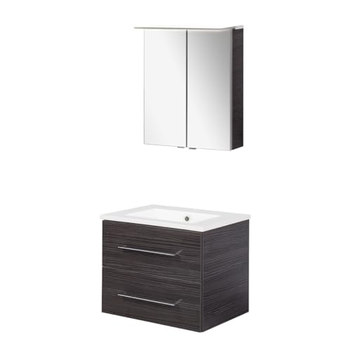 FACKELMANN B.Perfekt 3-teiliges Badmöbel-Set – Modernes Design in Dark Oak Holzoptik, inklusive Waschtisch, Spiegelschrank mit LED & Keramikbecken – Made in Germany
