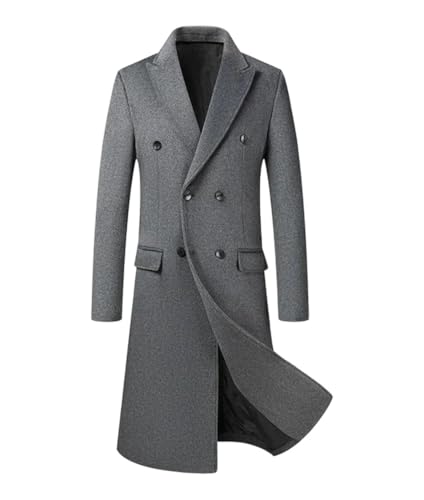 Men's Double Breasted Wool Blend Long Coat Winter England Style Business Casual Solid Color Trench Overcoat