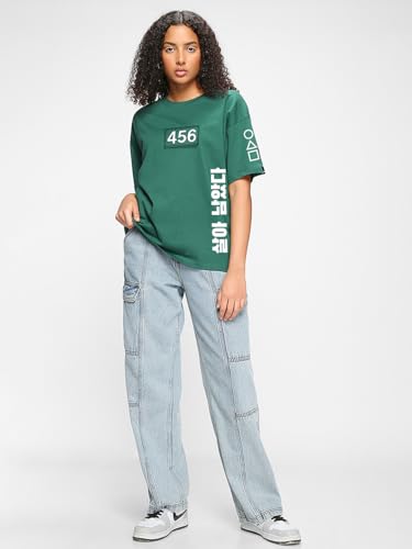 Image of Bewakoof X Squid Game Women's Cotton Jersey Graphic Print Oversized Fit Half Sleeve Round Neck T-Shirt | Casual wear | Streetwear | Oversized Tshirt for Woman Cotton| Baggy