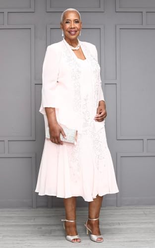 Image of Elegant Beaded Pebble Georgette Mid-Calf Slip Dress W /Matching 3 /4 Sleeve Jacket - Two-Piece Set for Formal Events