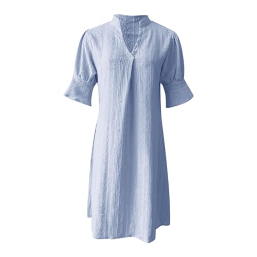 Women's V Neck Half Sleeve Solid Color Pleated Dress Shirt Dress A Line2