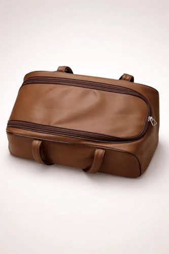 Image of Premium Leather Travel Duffel Bag, Brown, 38x25x30 cm, Large Capacity, Water-Resistant, Weekender Overnight Gym Carry-On Bag for Men and Women