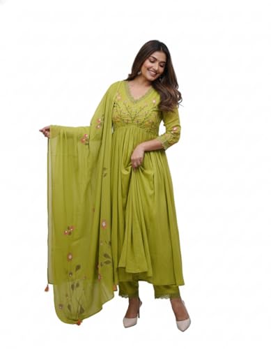 Image of Traditional Floral Embroidered Cotton Kurta Set with Dupatta