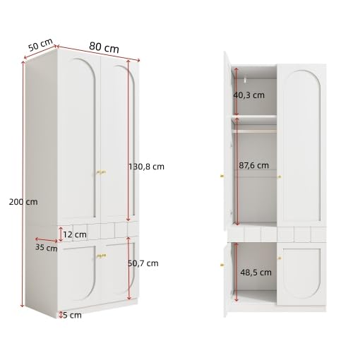 Merax 2er-Set Kleiderschrank für Kinderzimmer – Weißer Lack-Kleiderschrank mit Kleiderstange und Schubladen, Metallgriffe, 160×50×200 cm – Perfekt für kleine Räume und Schlafzimmer