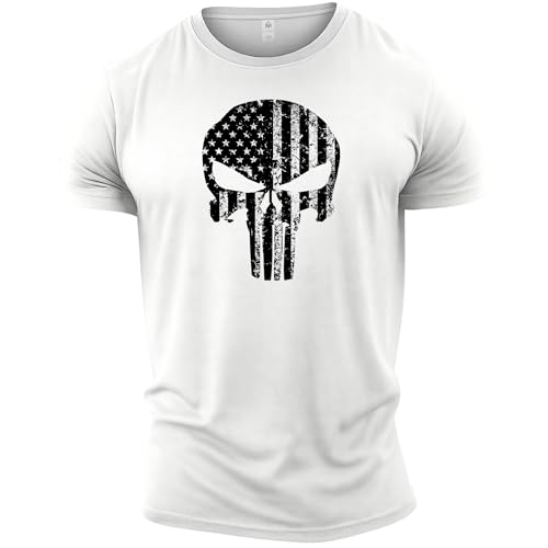 GYMTIER Skull USA Flag Men's Gym T-Shirt Bodybuilding Training Workout Lifting Top Clothing, White, S