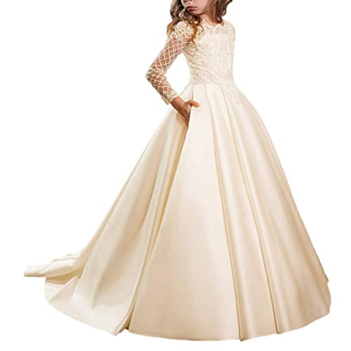 Girls Embroidery Princess Dress Bridesmaid Wedding Pageant Satin Suitable for Daily Wear Holiday Party Carnival Pageant,Beige,10—11