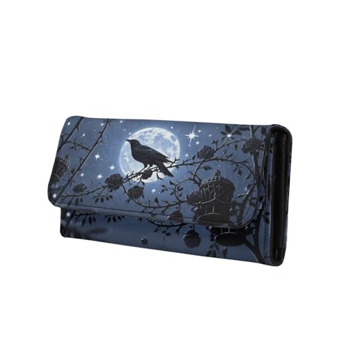 Moon Night Raven Slim Long Wallet for Women Black PU Leather Money Manager, Gothic Rose Thorn Zipper Billfold Wallet Clutch Organizer Credit Card Holder