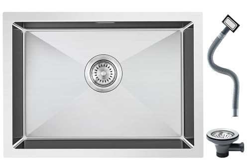 ROVOGO 40 x 50 cm Evier Cuisine en 304 Acier Inox, Kit de Vidage d'évier de Cuisine avec Trop-plein, Montage à Encastrer, à Fleur ou Sous Plan Evier...