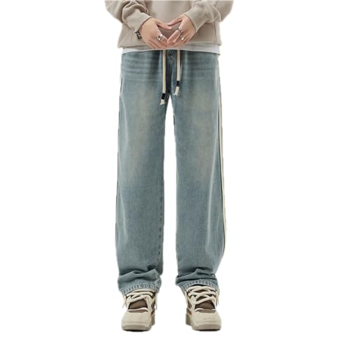 Pants Trousers Denim Spring and Autumn Washed Striped Wide Leg Jeans for Men High Street Loose Straight