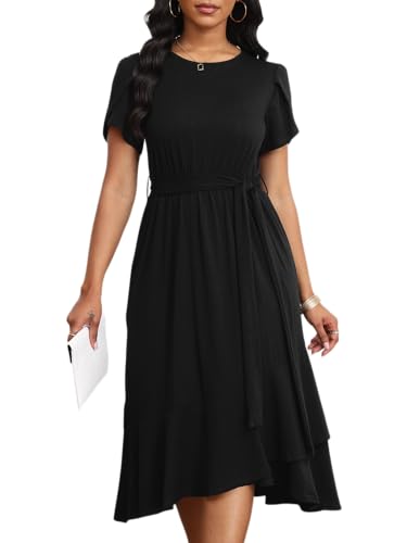 Image of PerZeal Women's Summer Dress Casual Ruffle Sleeve Crewneck A-Line Tiered Flowy Short Sleeve Long Dress with Belt