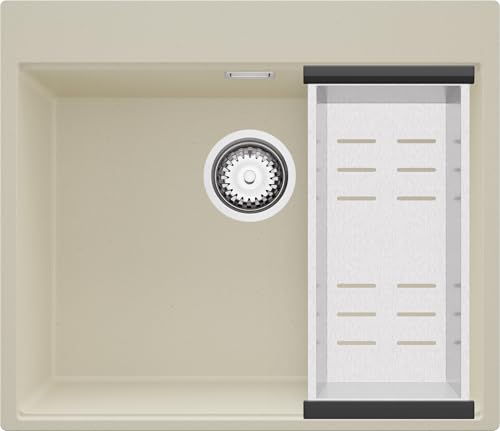 PRIMAGRAN Lavello da Cucina Beige 58x50cm, Lavandino in Granito a 1 vasca + Sifone Classico, Lavabo Incasso al mobile 60cm - Oslo S311