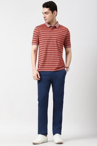 Image of Peter England Men's Cotton-Polyester Blend Striped Polo T-Shirt | Casual Wear | Durable & Trendy Regular Fit
